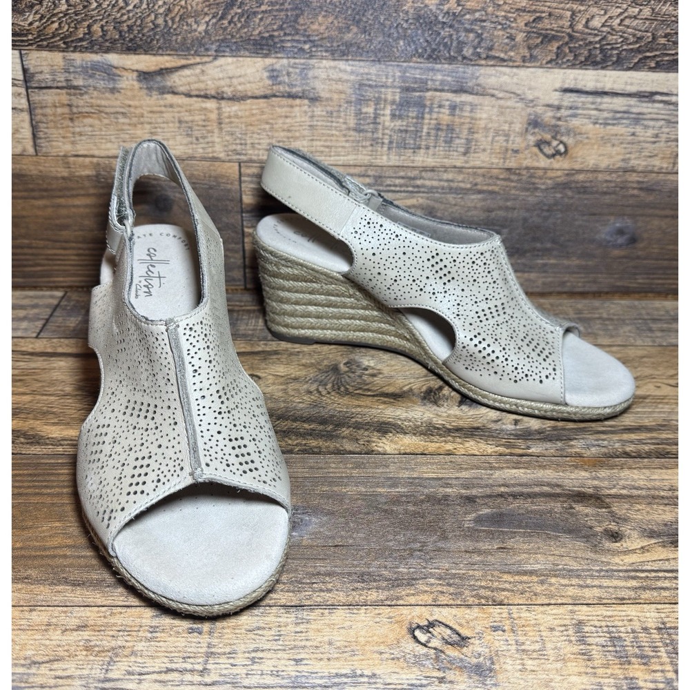 Clarks Petrina‎ Selma 26132194 Size 8.5 Beige Leather Espadrille Wedge Sandals